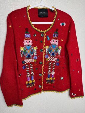 NWOT Michael Simon Christmas Holidays Red Cardigan Sweater Nutcrackers Knit L